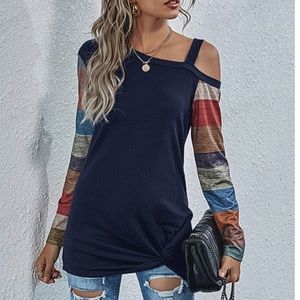 Cold Shoulder Block Sleeve Navy Top